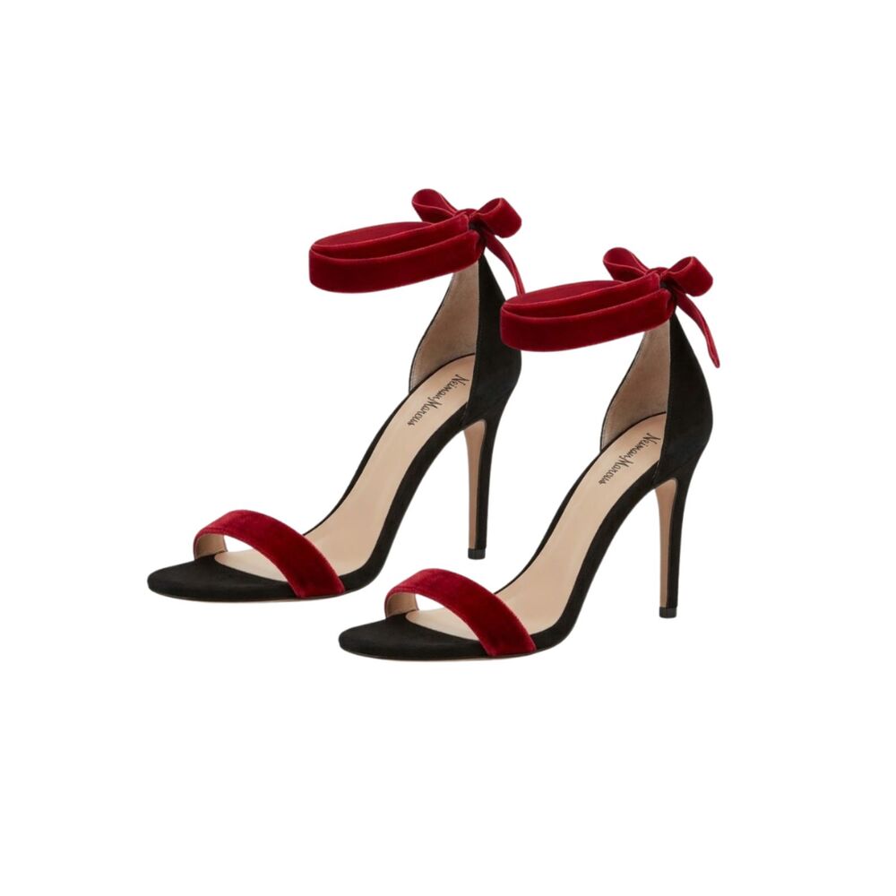 Neiman Marcus Black Velvet D'Orsay Stiletto Heels Red Ankle Wrap 10M